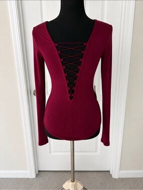 Express Portofino Burgundy Lace-Up Bodysuit - Size S
